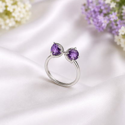 Open Amethyst Bypass Ring in Authentic 925 Sterling Silver for Women