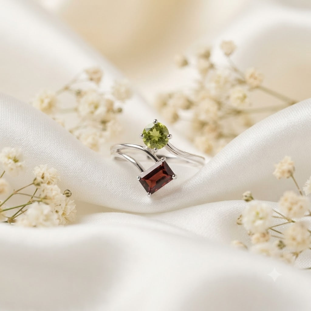 Garnet and Peridot Bypass Ring in 925 Sterling Silver