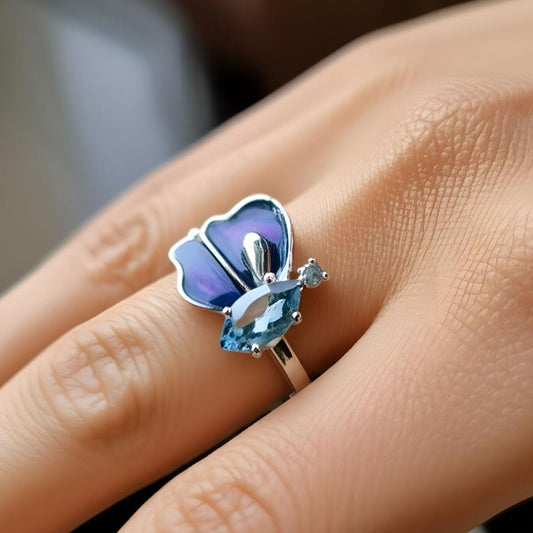 Blue Butterfly Statement Ring 925 Silver