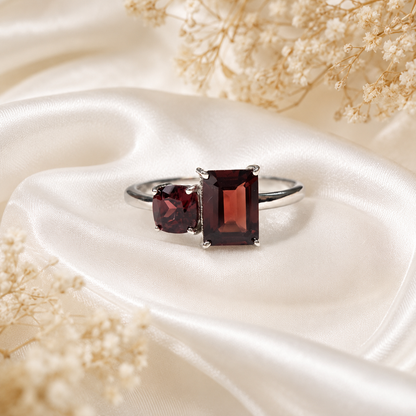 Duo Garnet Ring in Authentic 925 Sterling Silver
