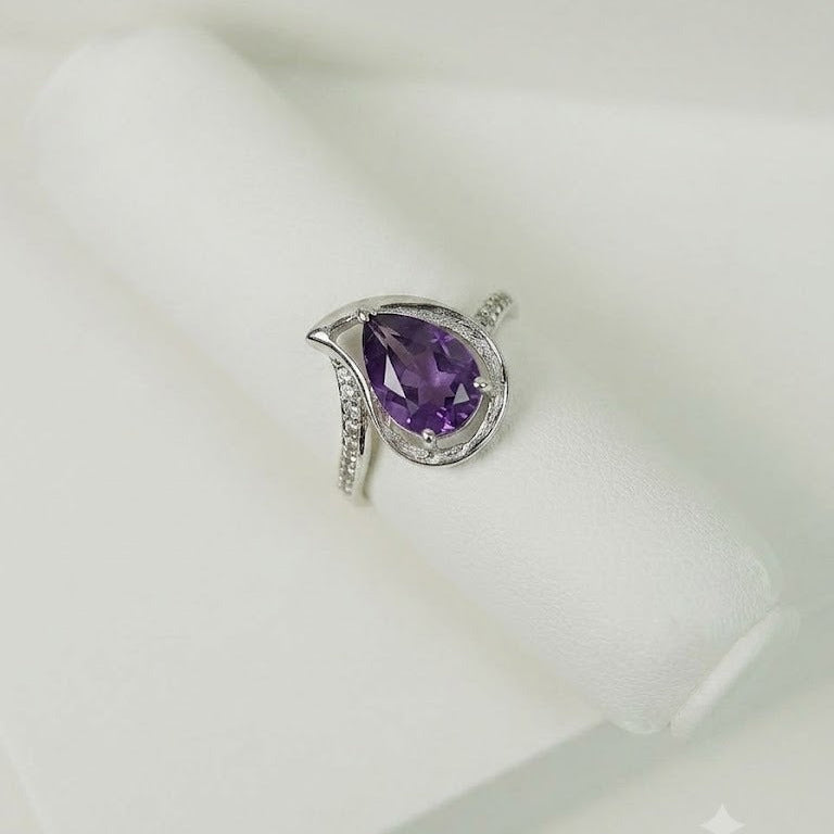 Amethyst Open Pear Ring 925 Silver