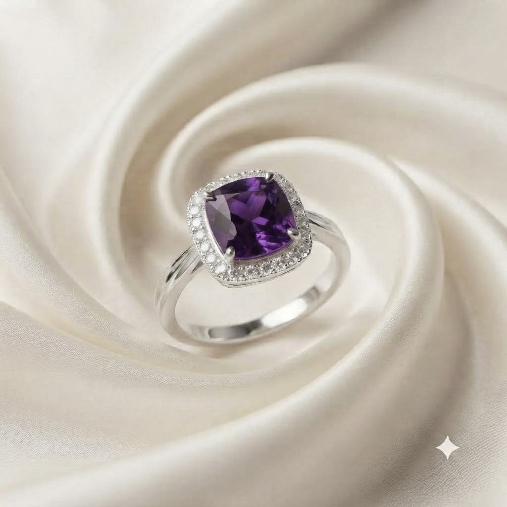 Halo Amethyst Ring in 925 Sterling Silver featuring a cushion cut purple Amethyst with a halo setting