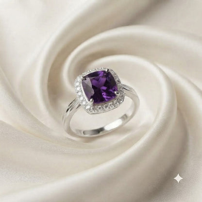 Halo Amethyst Ring in 925 Sterling Silver featuring a cushion cut purple Amethyst with a halo setting