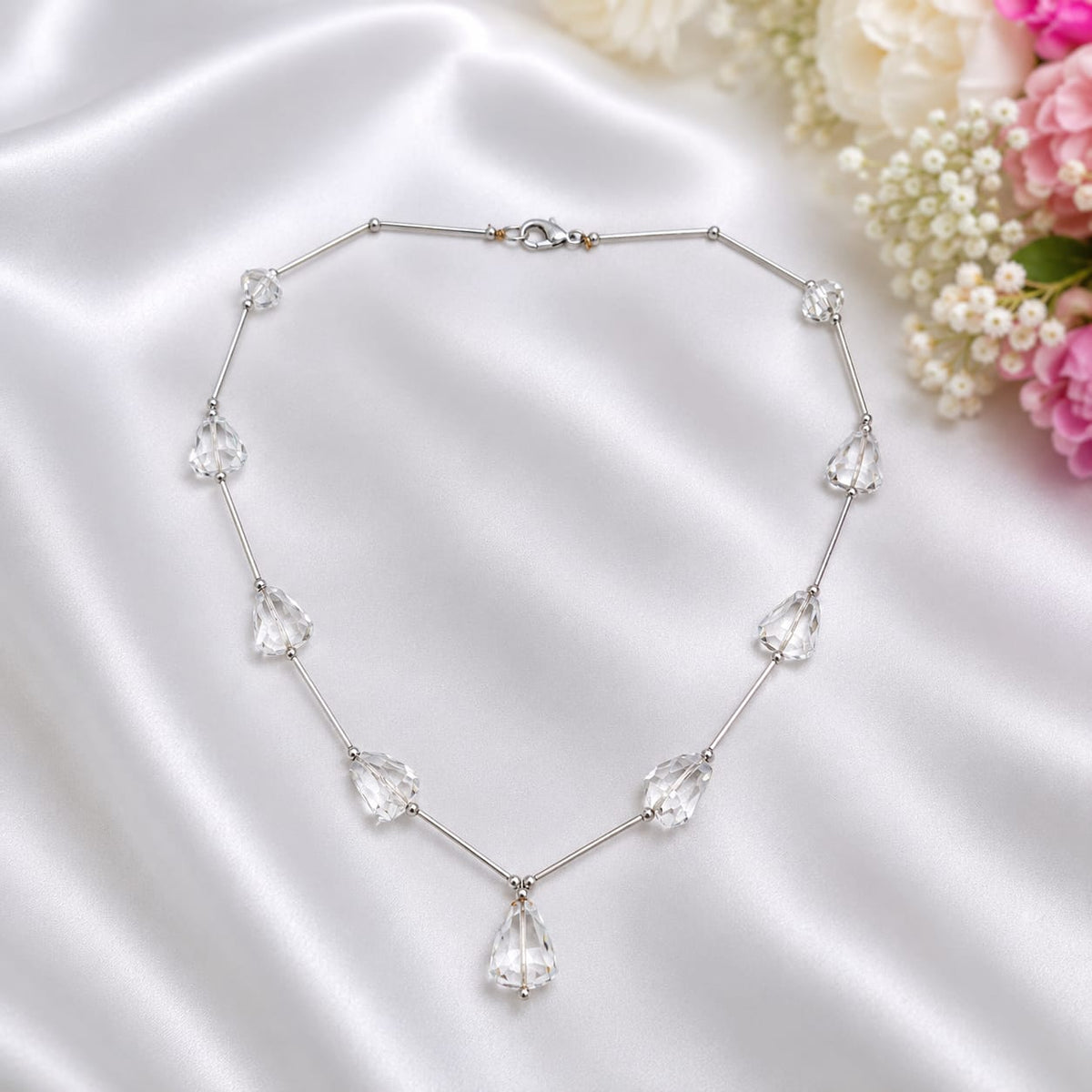 Clear Quartz Bar Drop Necklace in 925 Sterling Silver with crystal drops