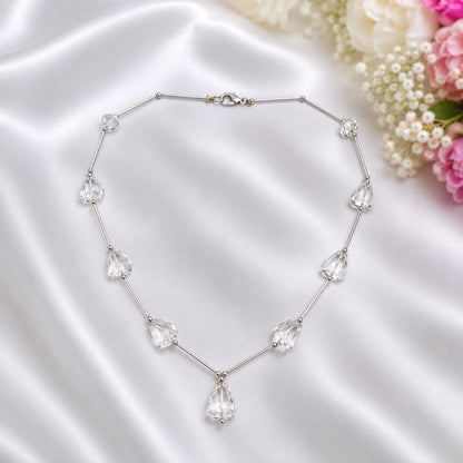 Clear Quartz Bar Drop Necklace in 925 Sterling Silver with crystal drops