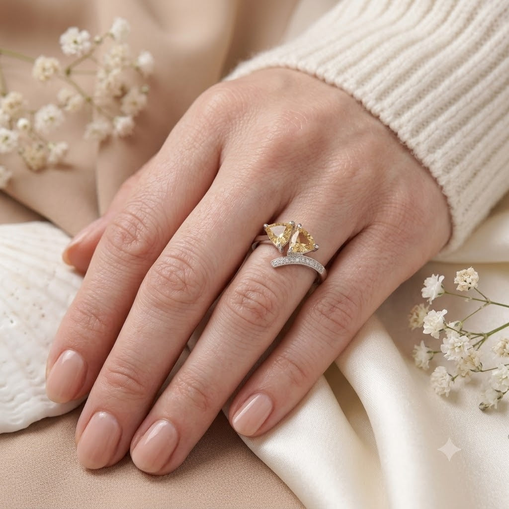 Twin Citrine Ring in Authentic 925 Sterling Silver