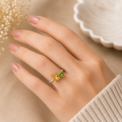 Citrine Peridot Duo Ring in Authentic 925 Sterling Silver