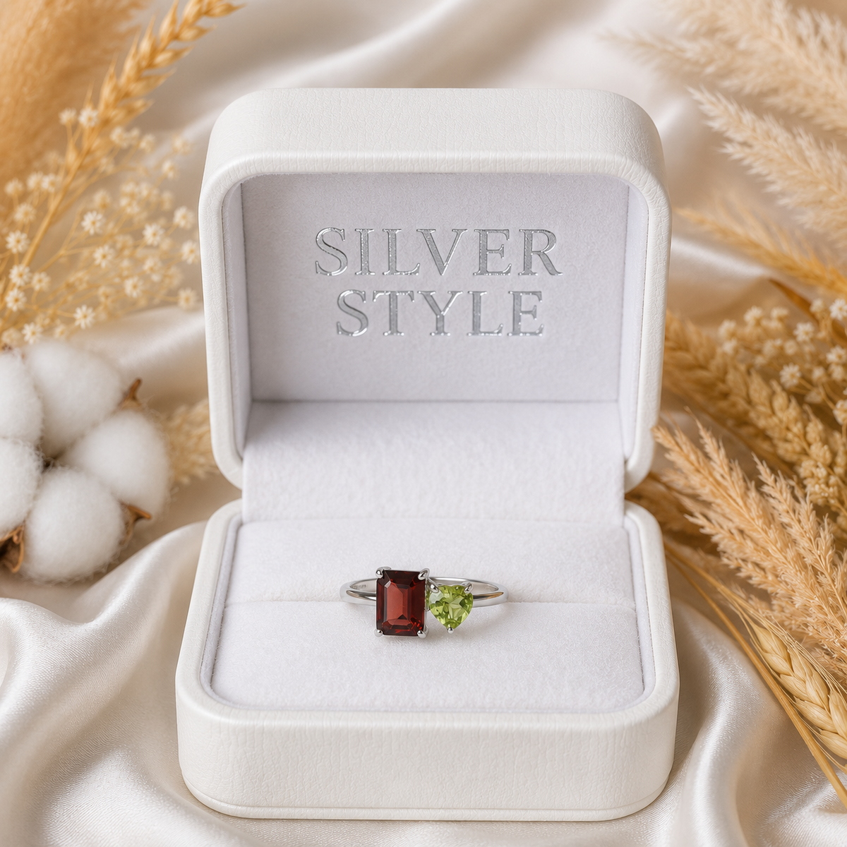 Garnet and Peridot Heart Bypass Ring in 925 Sterling Silver