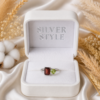 Garnet and Peridot Heart Bypass Ring in 925 Sterling Silver