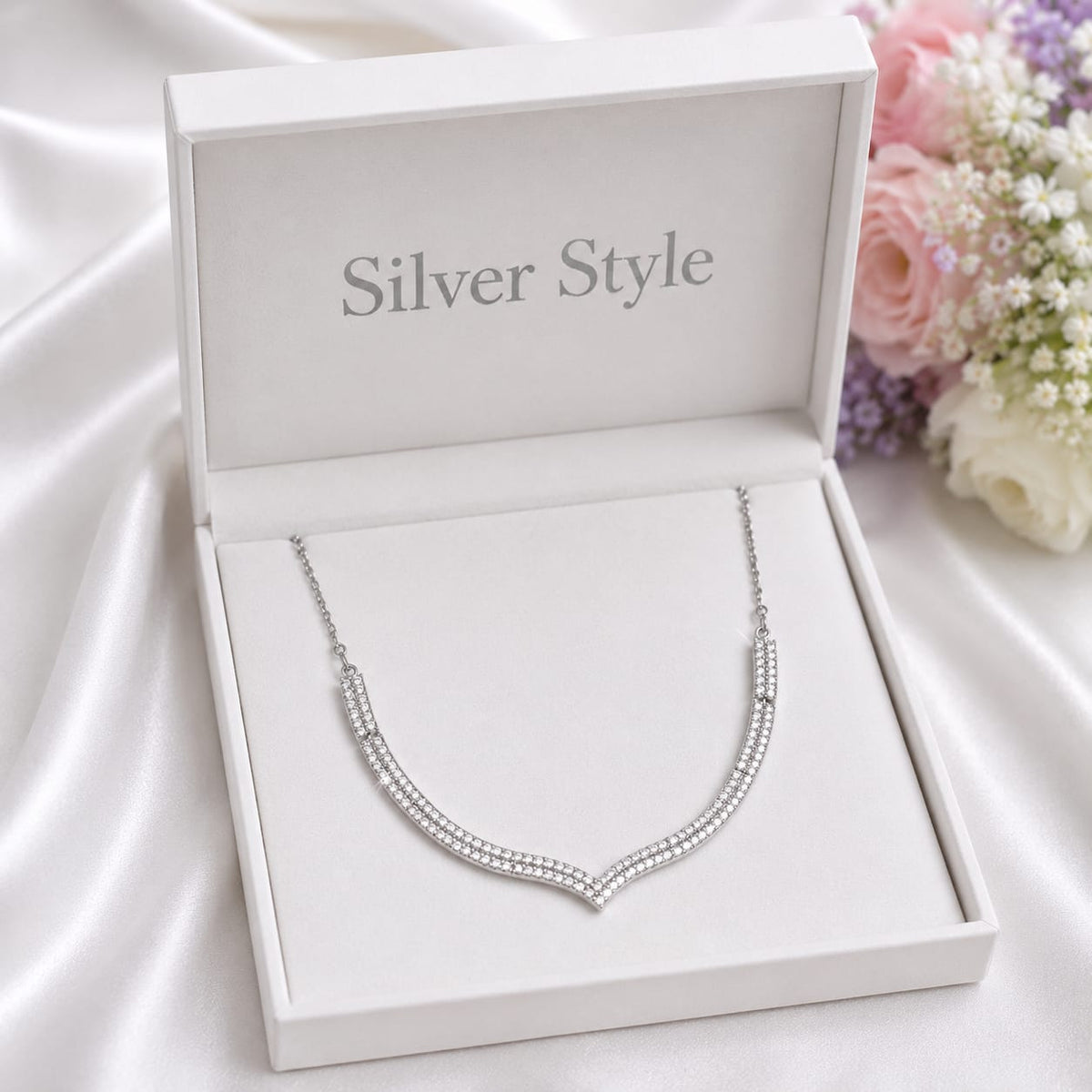 Sparkling Chevron CZ Necklace in 925 Sterling Silver with Cubic Zirconia Stones