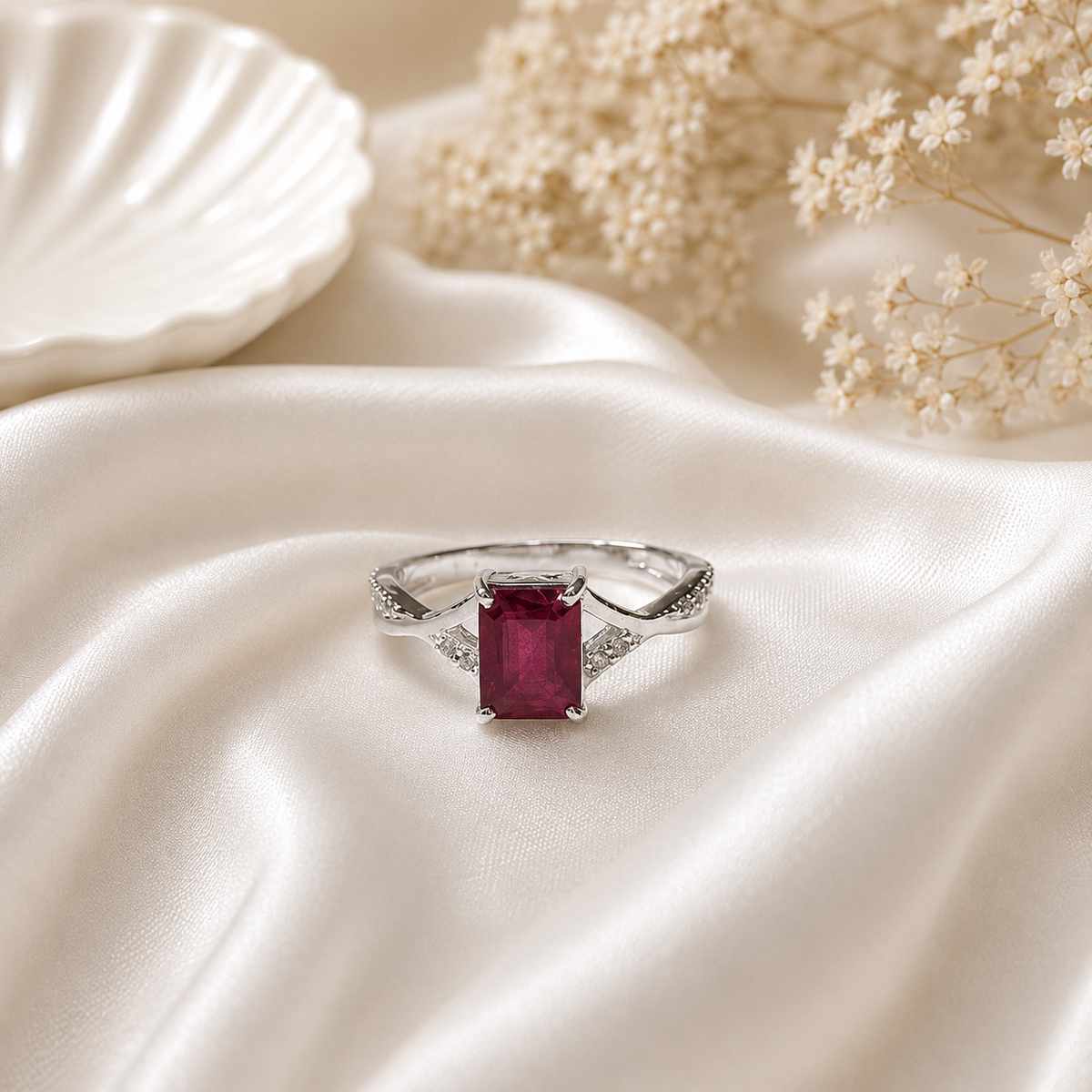Emerald-Cut Ruby Ring with Accents in 925 Sterling Silver