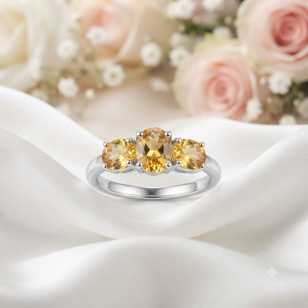 Three Stone Citrine Ring crafted in 925 Sterling Silver featuring three oval cut Citrine gemstones.