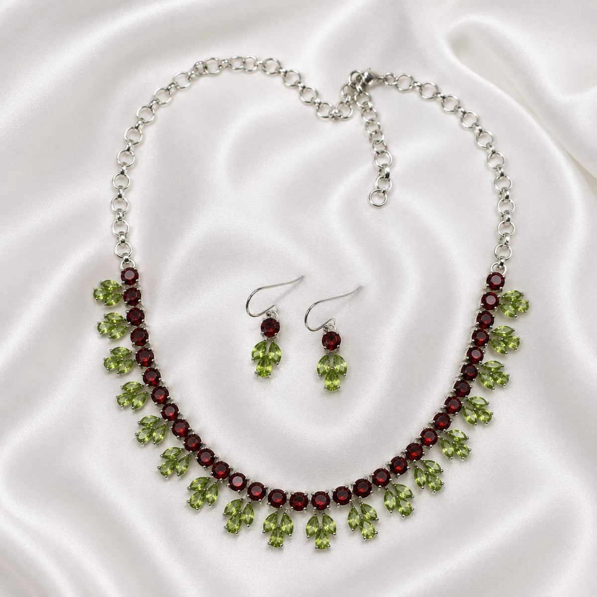Garnet and Peridot Necklace Set with Matching Earrings in 925 Sterling Silver