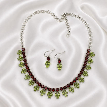 Garnet and Peridot Necklace Set with Matching Earrings in 925 Sterling Silver