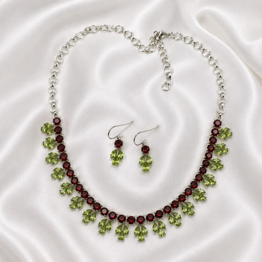 Garnet and Peridot Necklace Set with Matching Earrings in 925 Sterling Silver