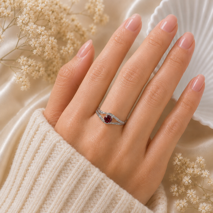 Red Garnet Split Shank Ring in 925 Sterling Silver