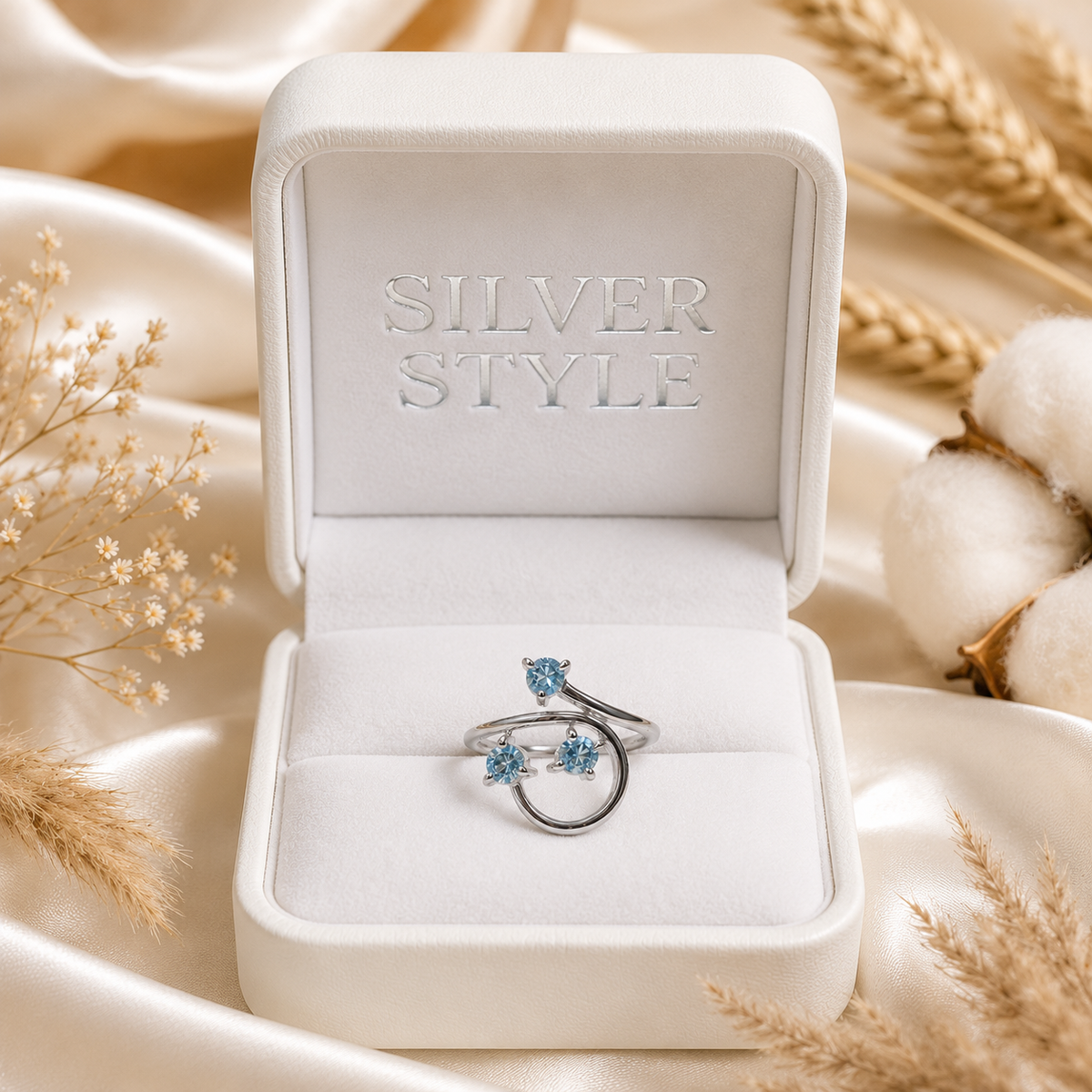 Triple Blue Topaz Bypass Ring in Authentic 925 Sterling Silver