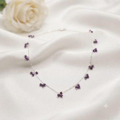 Amethyst beads cluster necklace in 925 Sterling Silver with purple gemstone clusters