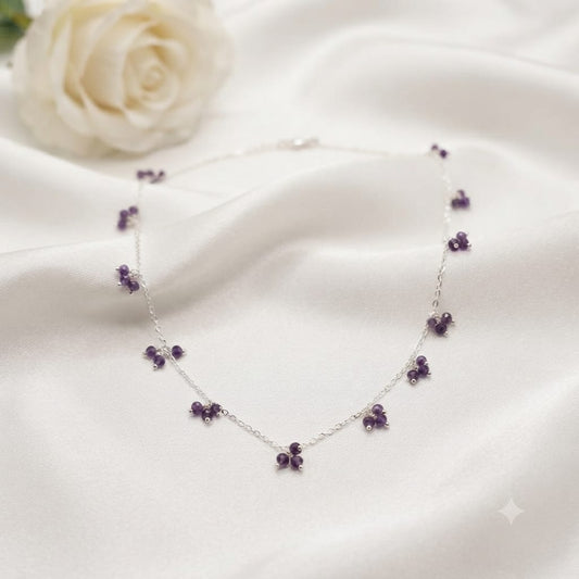 Amethyst beads cluster necklace in 925 Sterling Silver with purple gemstone clusters