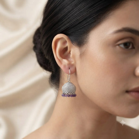 Handcrafted amethyst and silver jhumka earrings
