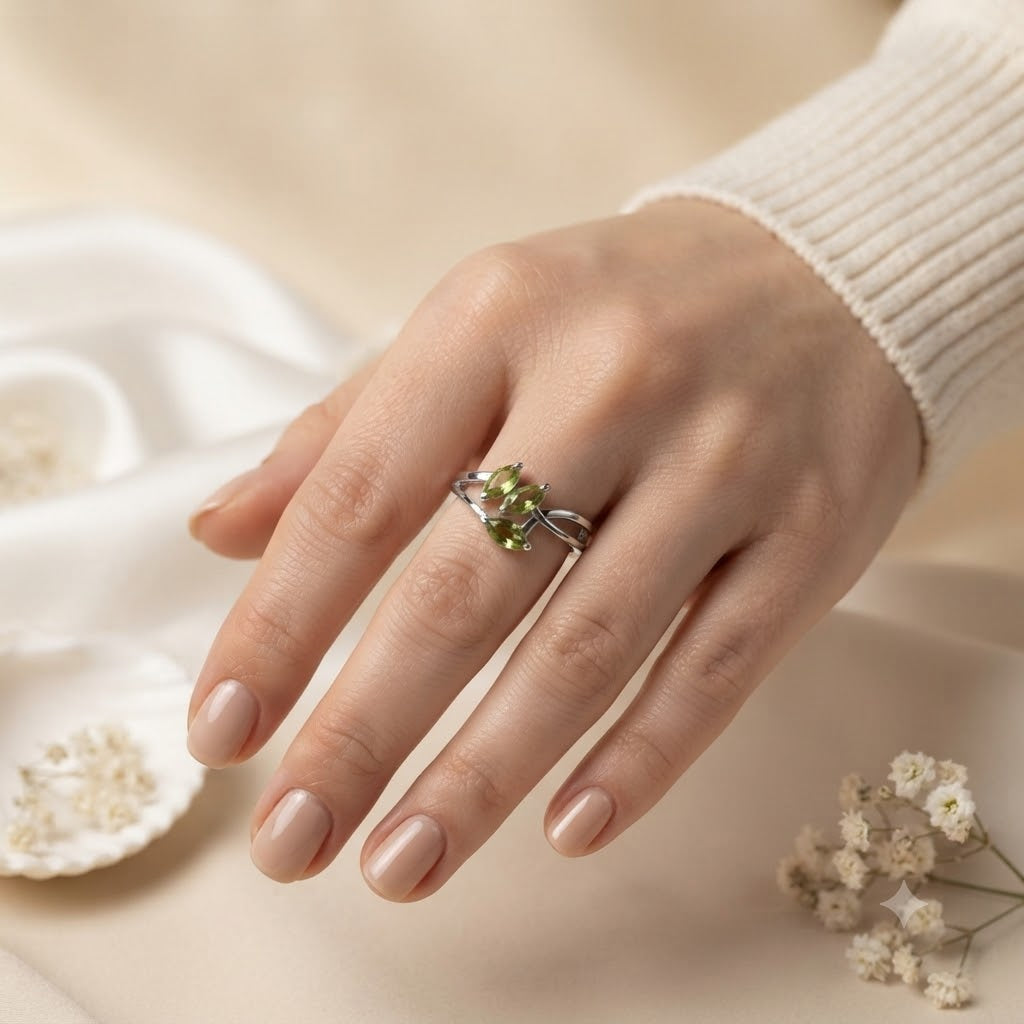 Triple Marquise Peridot Bypass Ring in 925 Sterling Silver
