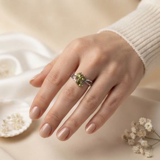 Triple Marquise Peridot Bypass Ring in 925 Sterling Silver