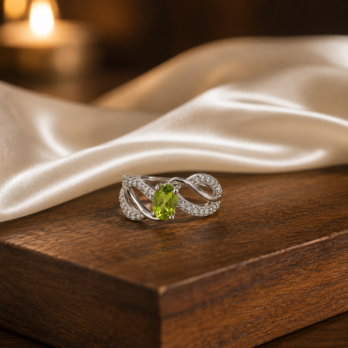 Oval Peridot Infinity Twist Ring in 925 Sterling Silver