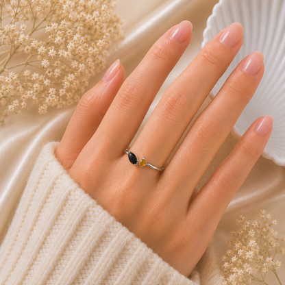 Open Black Onyx Ring in 925 Sterling Silver with Marquise Black Onyx and Round Golden Yellow Gemstone