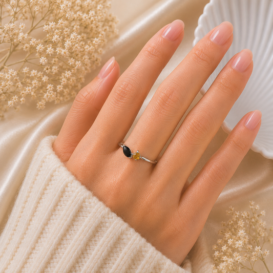 Open Black Onyx Ring in 925 Sterling Silver with Marquise Black Onyx and Round Golden Yellow Gemstone