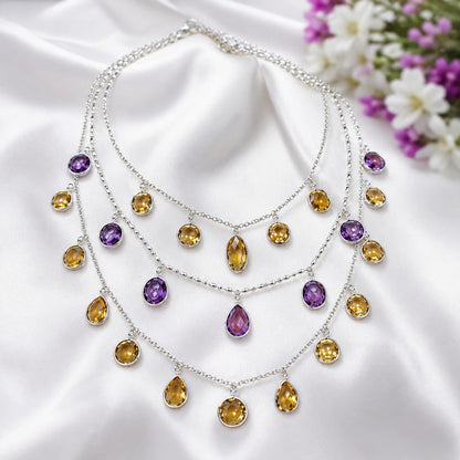 925 Sterling Silver 3 Layered Amethyst and Citrine Gemstone Necklace with Teardrop and Oval Cut Stones