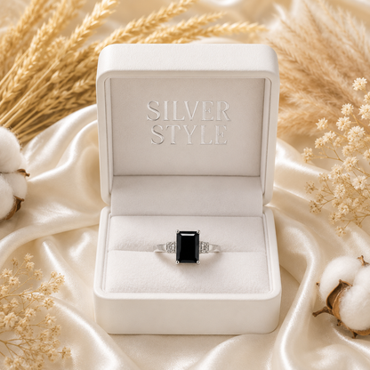 Emerald Cut Black Onyx Ring in 925 Sterling Silver with Emerald Cut Black Onyx Gemstone