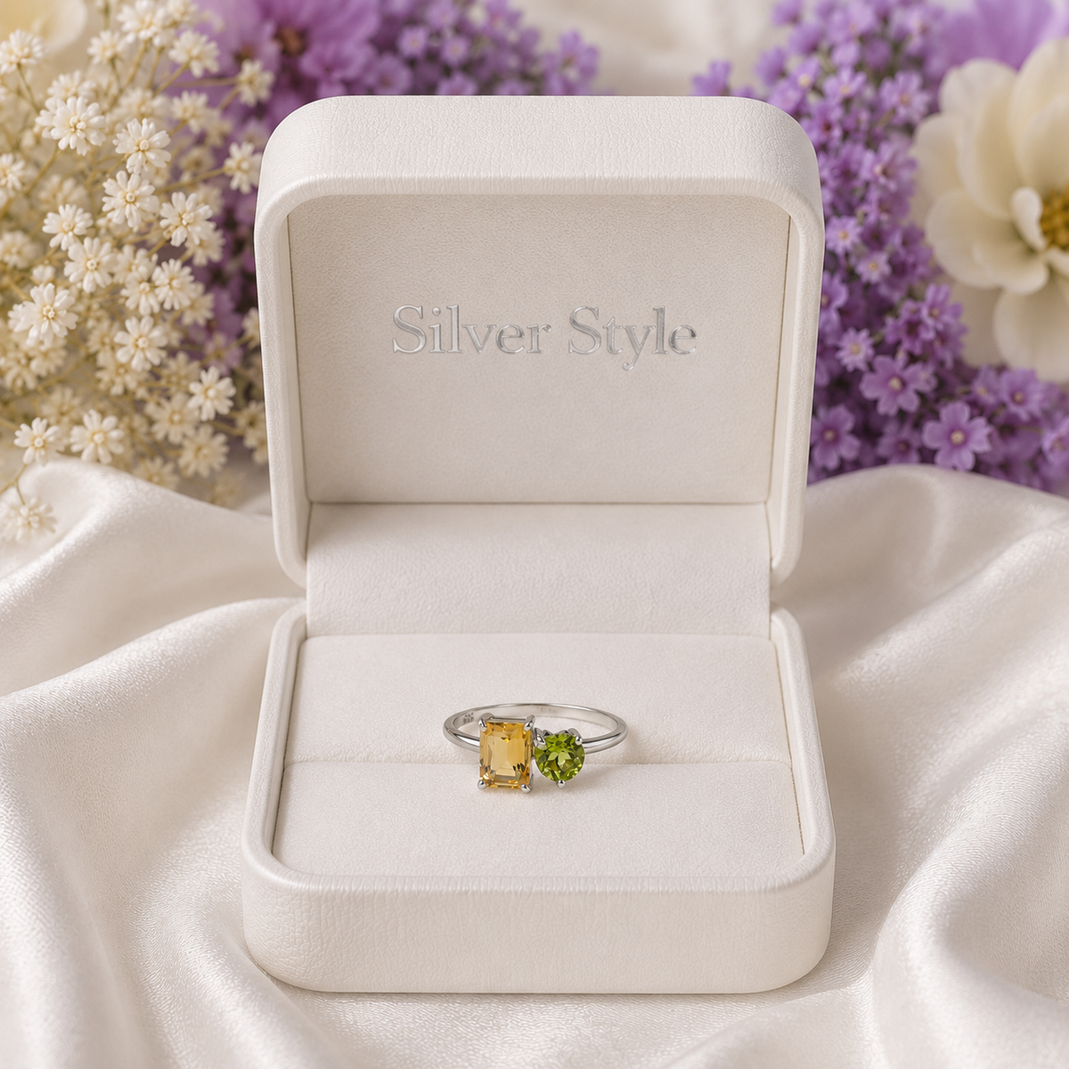 Citrine Peridot Duo Ring in Authentic 925 Sterling Silver