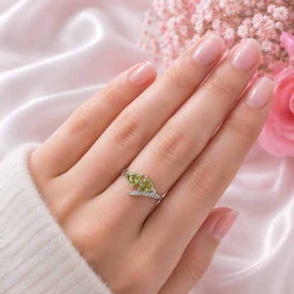 Twin Trillion Peridot Bypass Ring in 925 Sterling Silver