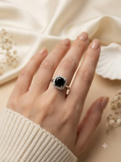 Halo Black Onyx Ring in 925 Sterling Silver with Cushion Black Onyx