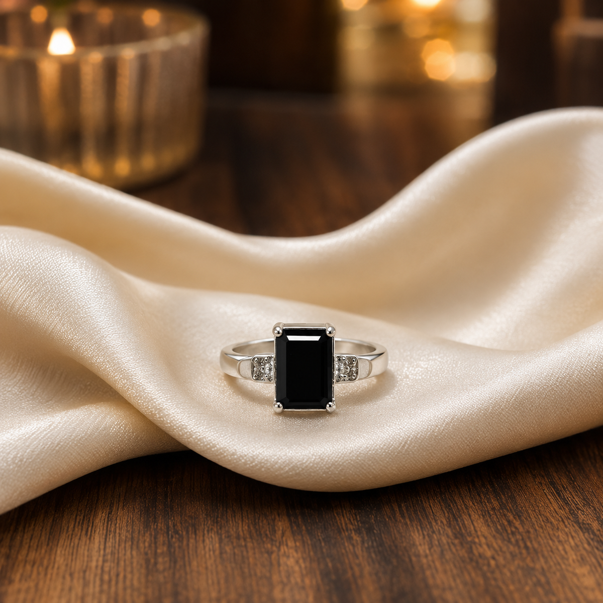 Emerald Cut Black Onyx Ring in 925 Sterling Silver with Emerald Cut Black Onyx Gemstone