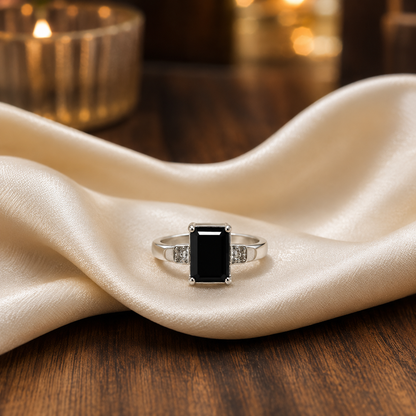 Emerald Cut Black Onyx Ring in 925 Sterling Silver with Emerald Cut Black Onyx Gemstone