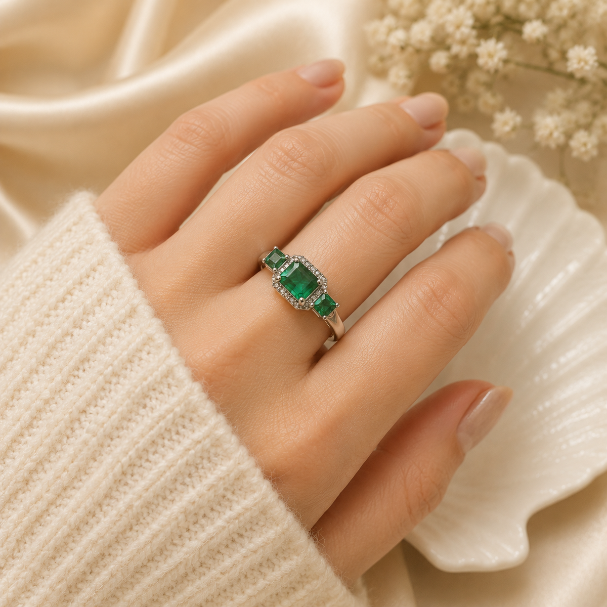 Three Stone Emerald Ring crafted in 925 Sterling Silver with three green Emerald gemstones.