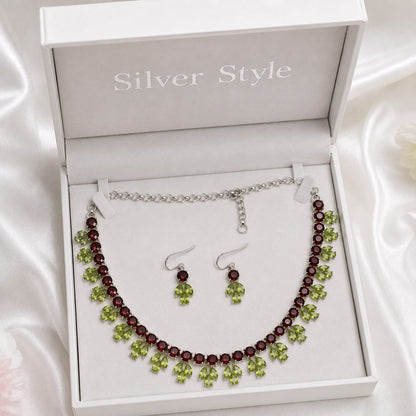 Garnet and Peridot Necklace Set with Matching Earrings in 925 Sterling Silver