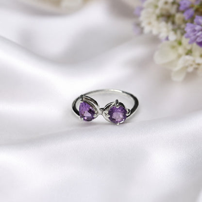 Open Amethyst Bypass Ring in Authentic 925 Sterling Silver for Women