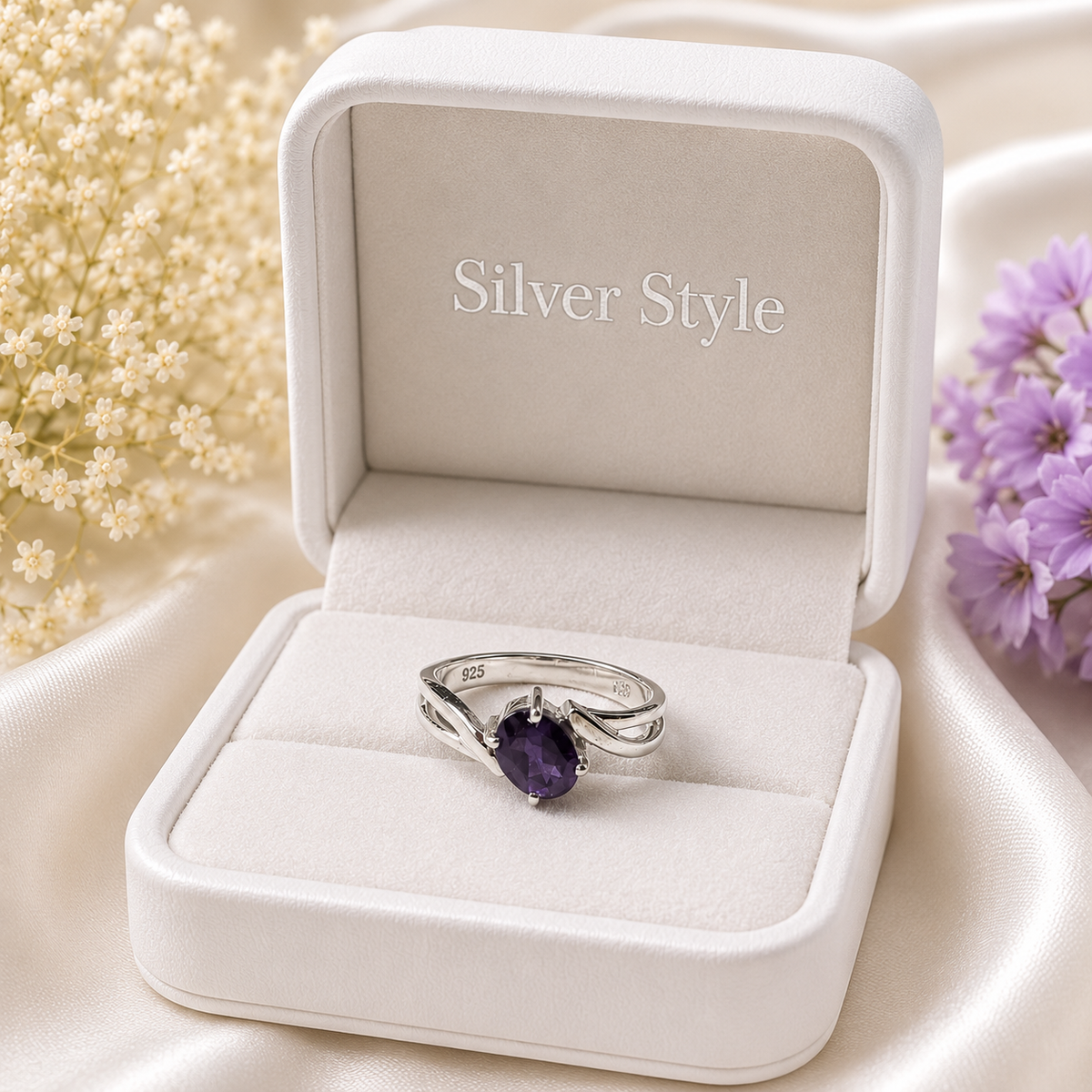 Oval Amethyst Ring in 925 Sterling Silver featuring an oval purple gemstone