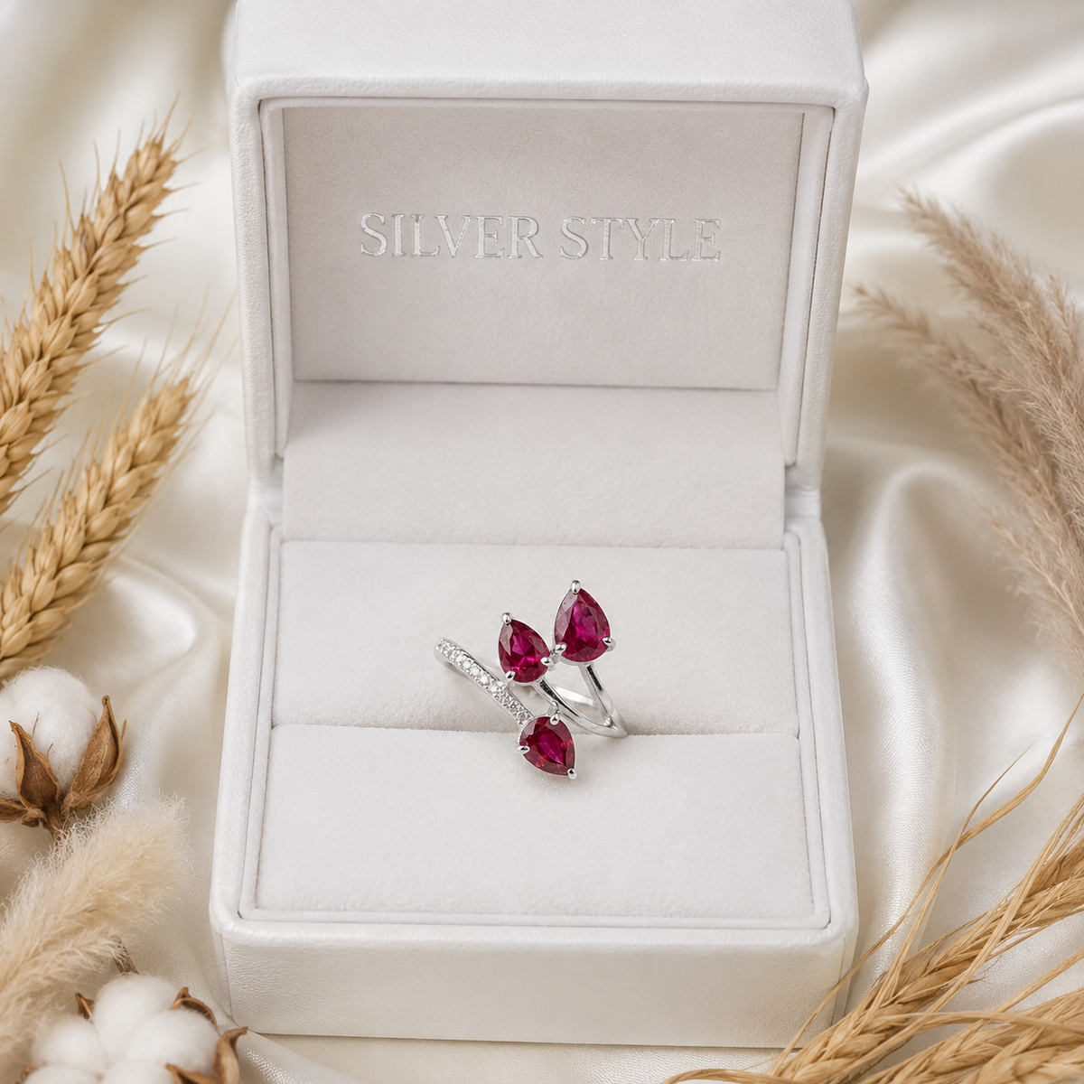 Triple Pear-Cut Ruby Bypass Ring in 925 Sterling Silver