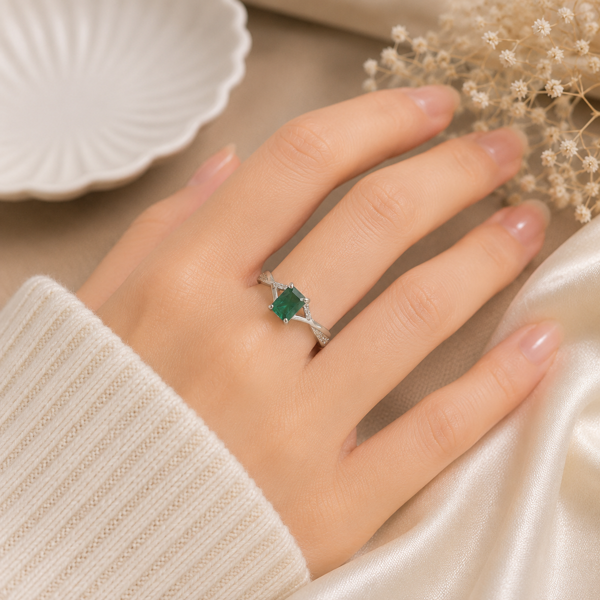 Emerald Solitaire Ring crafted in 925 Sterling Silver with a rectangular green Emerald gemstone.
