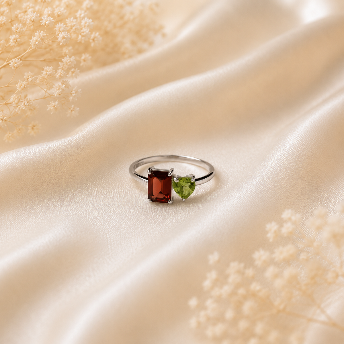 Garnet and Peridot Heart Bypass Ring in 925 Sterling Silver