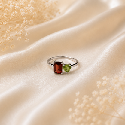 Garnet and Peridot Heart Bypass Ring in 925 Sterling Silver
