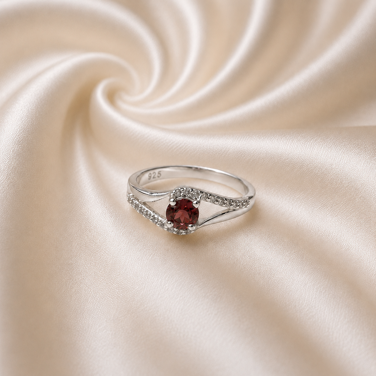 Red Garnet Split Shank Ring in 925 Sterling Silver