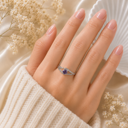Round Amethyst Ring in 925 Sterling Silver featuring a round purple gemstone with split band