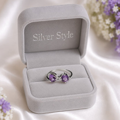 Open Amethyst Bypass Ring in Authentic 925 Sterling Silver for Women