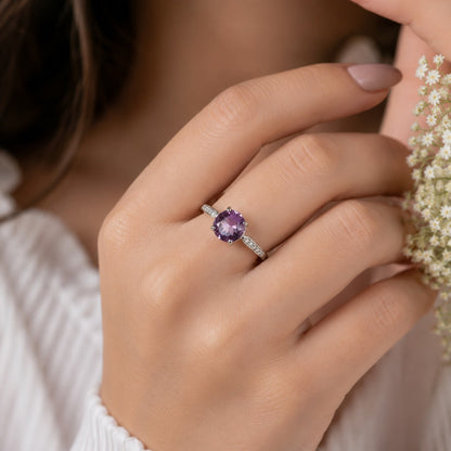 Round Amethyst Solitaire Ring in Authentic 925 Sterling Silver for Women