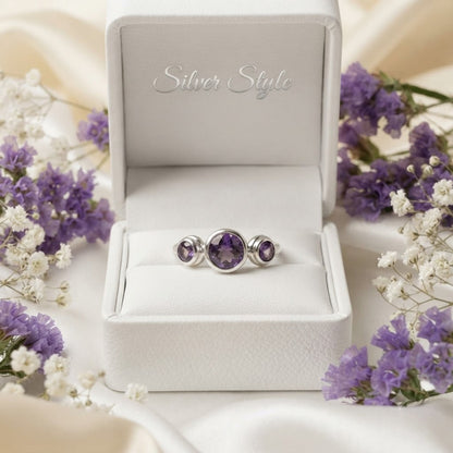 Cluster Amethyst Ring in 925 Sterling Silver with three round purple gemstones