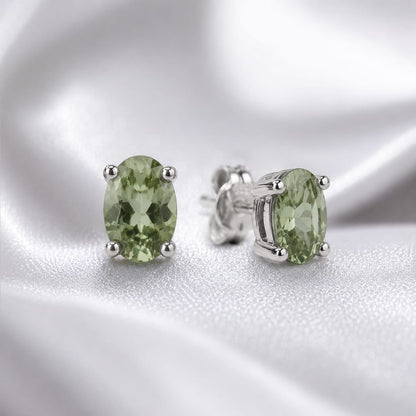 Green Tourmaline ear studs with light green cushion-cut gemstones in 925 Sterling Silver